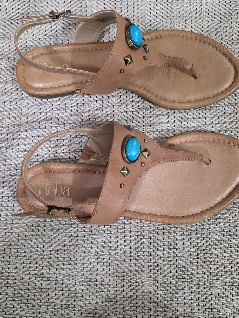 Reba Tan Sandal with Turquoise Stone and Gold Studs - Picture 2 of 2